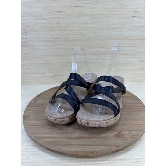 Crocs A-Leigh Black Leather Cork Wedge Sandals Womens Size 7 - Picture 2 of 8